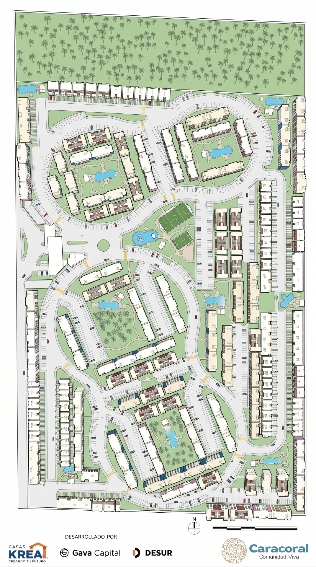 Master plan de Caracoral mostrando clústeres residenciales, amenidades y áreas verdes
